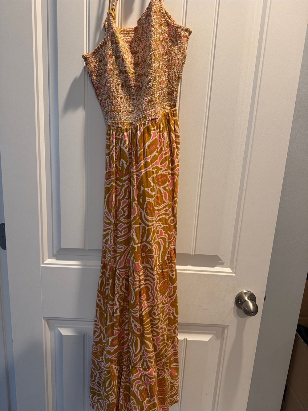 Patrons of peace Smocked Strap Maxi Dress in Mustard and Pink